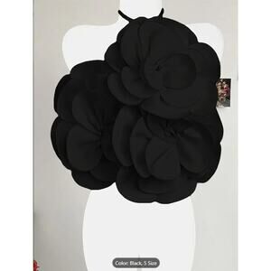 Black Oversized 3D Flower Halter Crop Top –  Backless Party & Festival Blouse